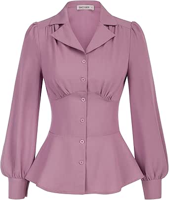 GRACE KARIN Button Down Shirts for Women Peplum Tops Long Sleeve