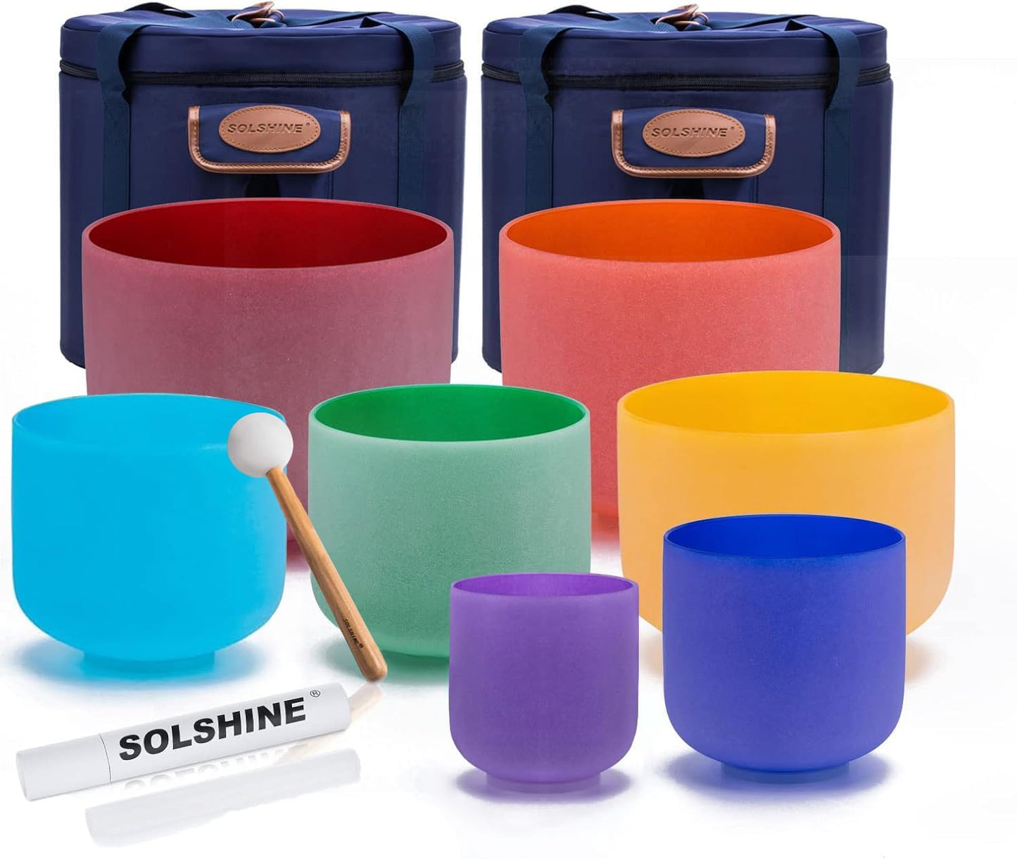 SOLSHINE Set of 7 Colored Crystal Singing Bowls for Healing