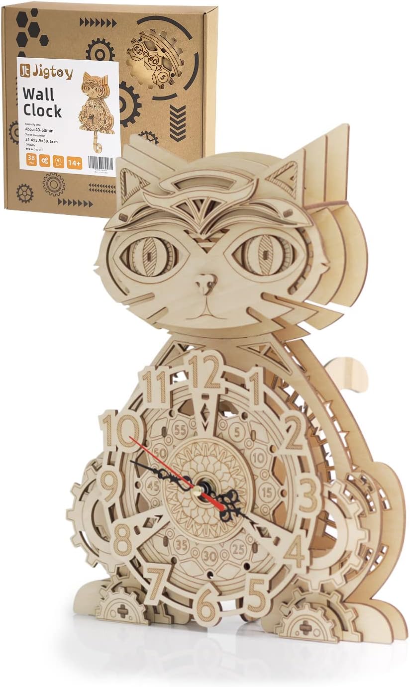 3D Puzzles for Adults Cat Clock Wooden Desk Decor Gift Idea
