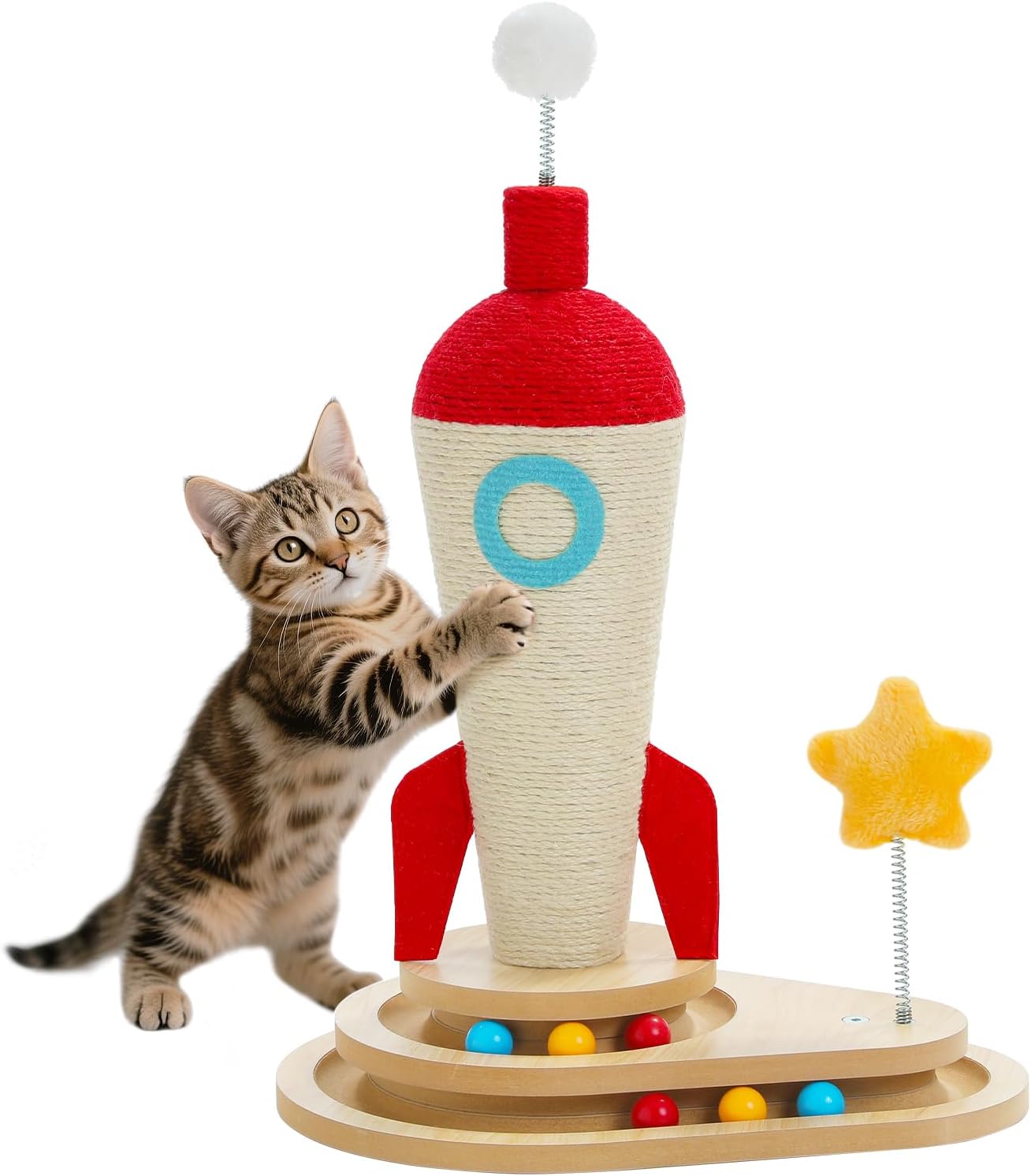 PETEPELA Cat Scratching Post with Interactive Wooden Track Toys