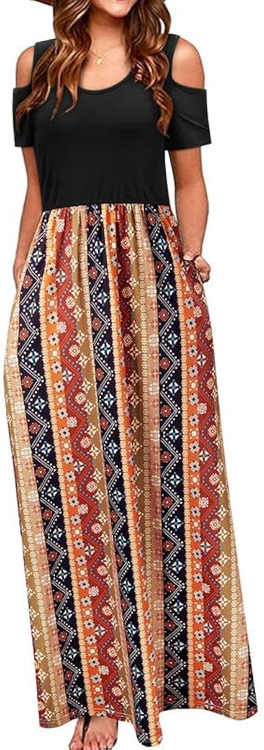 STYLEWORD Women's 2023 Summer Maxi Cold Shoulder Floral Dress