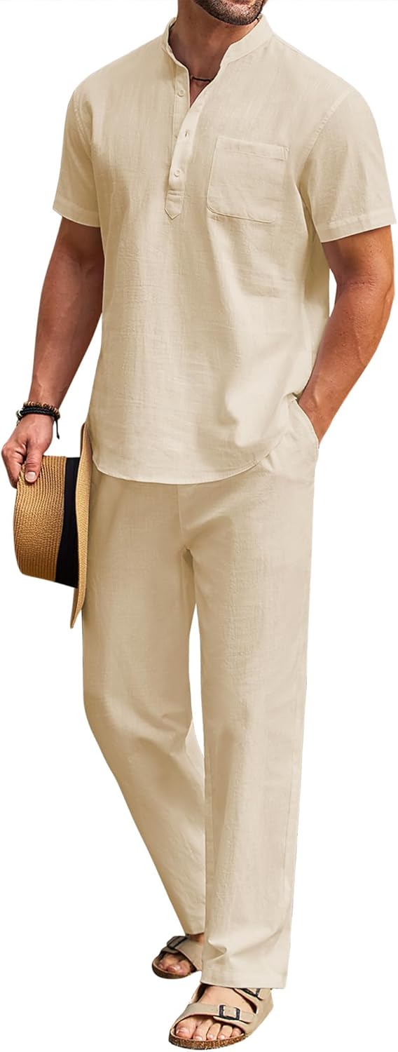 COOFANDY Men's 2 Piece Cotton Linen Set for Summer Outfits