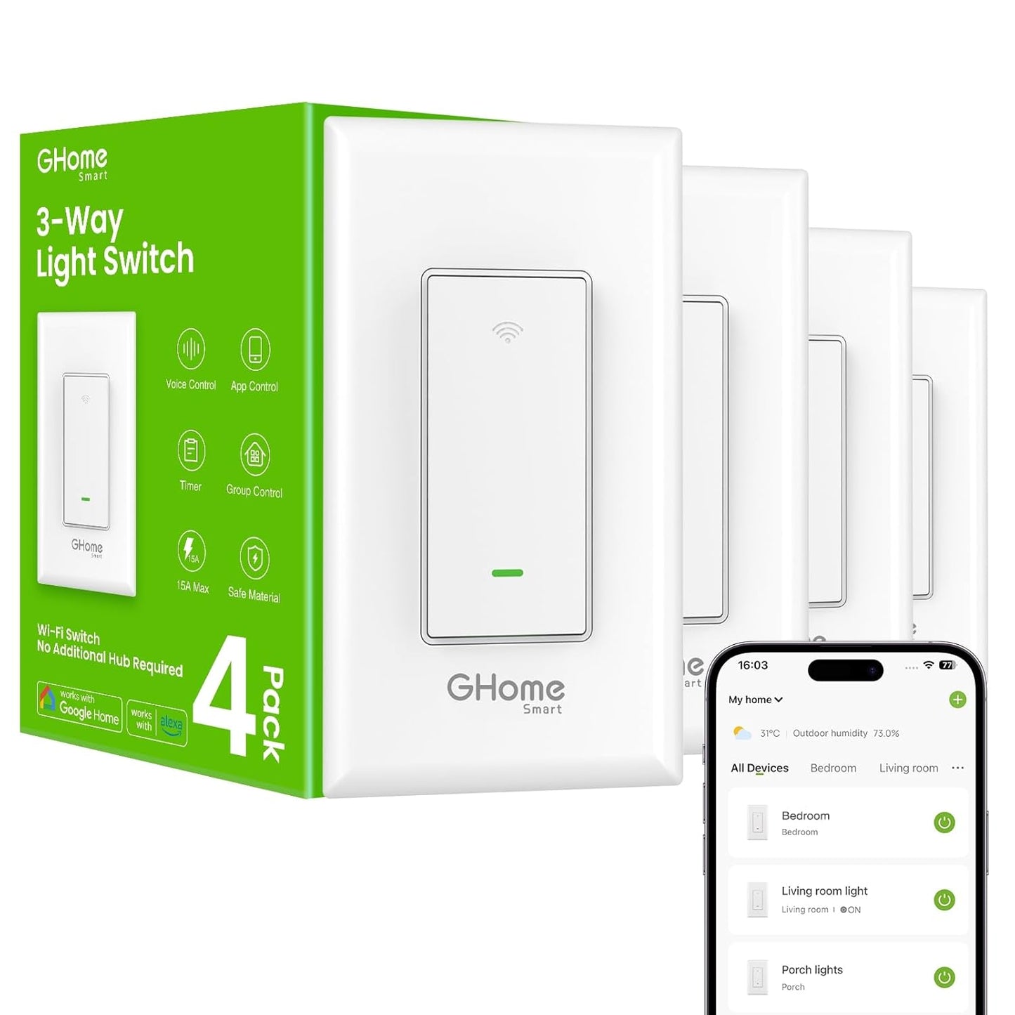 GHome Smart Switch 3 Way Wi-Fi Light Switch for Home Control