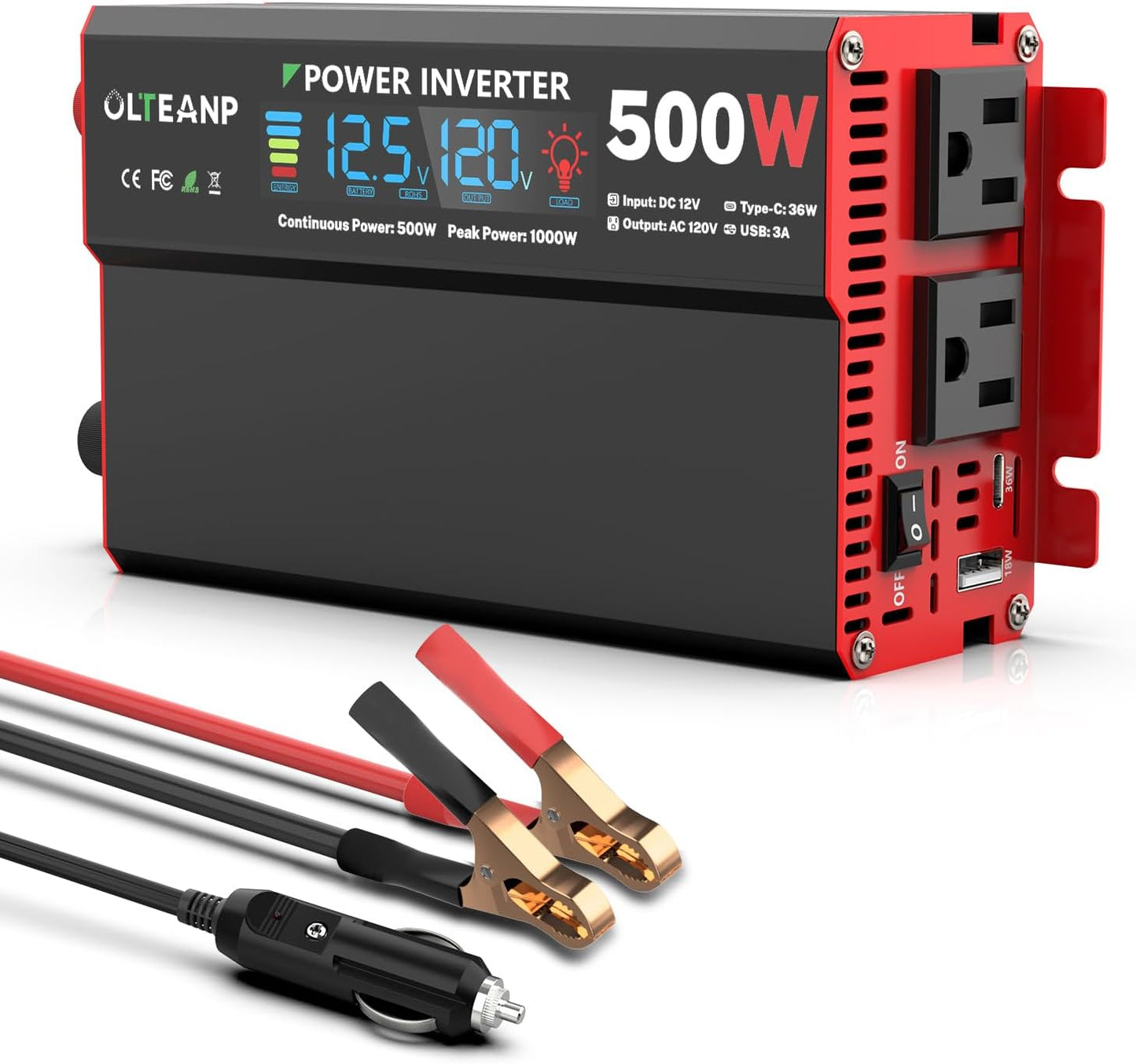 500 Watt Power Inverter with LCD Display and Dual AC Outlets