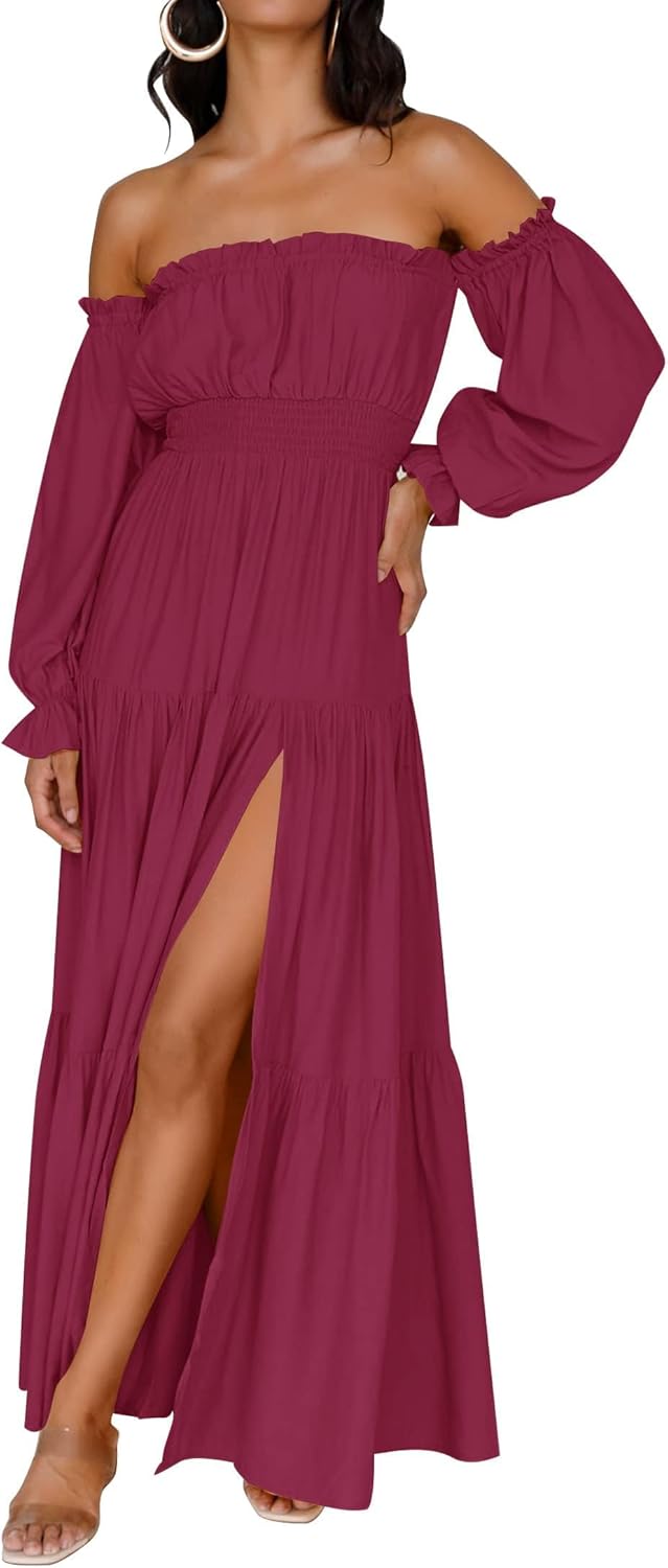 ZESICA Women's Boho Off Shoulder Long Sleeve Maxi Dress