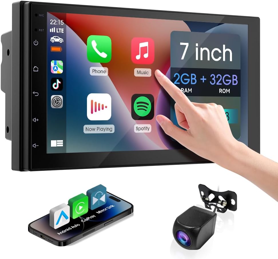7 Inch Wireless Double Din Car Stereo with Carplay and Android Auto