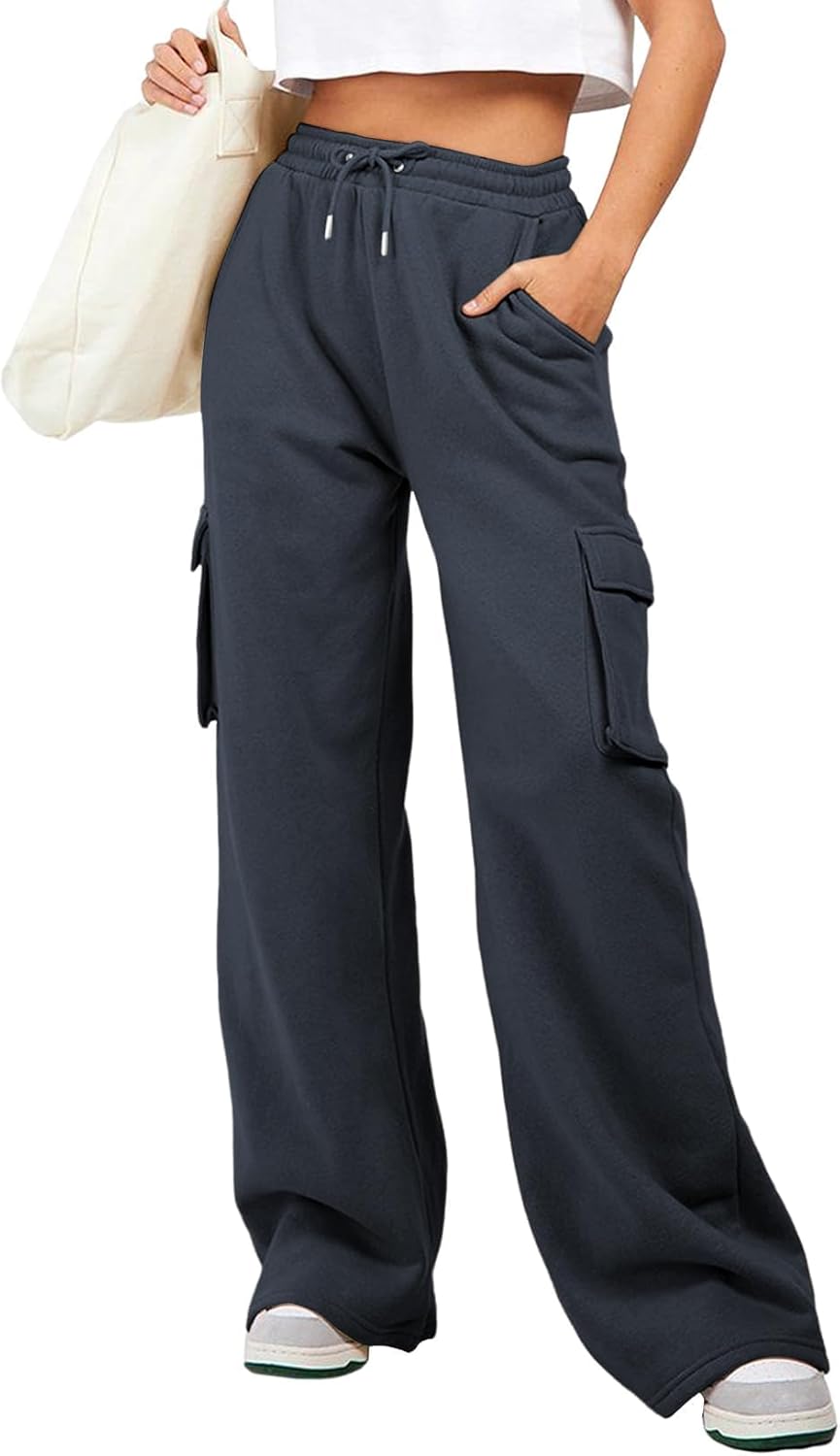 High Waisted Drawstring Wide Leg Cargo Pants for Women