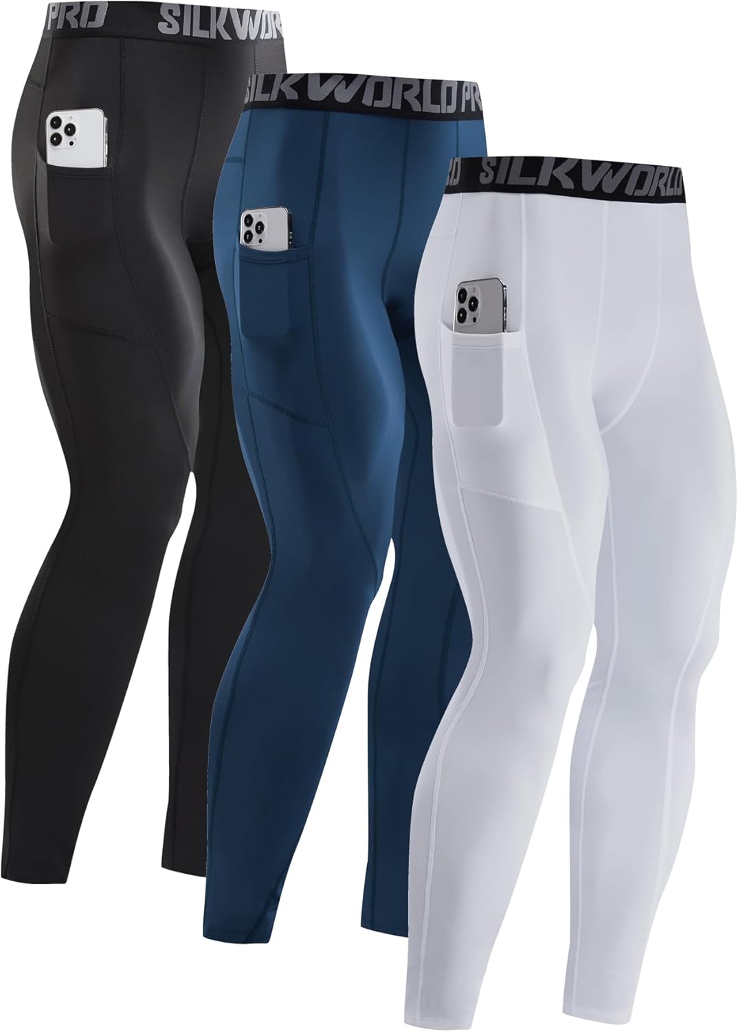 SILKWORLD Men's Compression Pants with Pockets for Gym Use