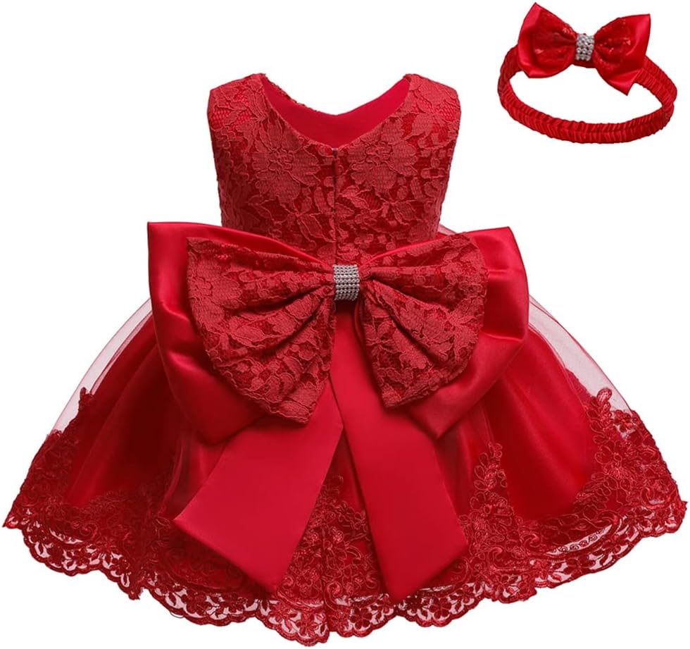 0-6T Baby Girl Party Dress with Lace Embroidery and Headwear