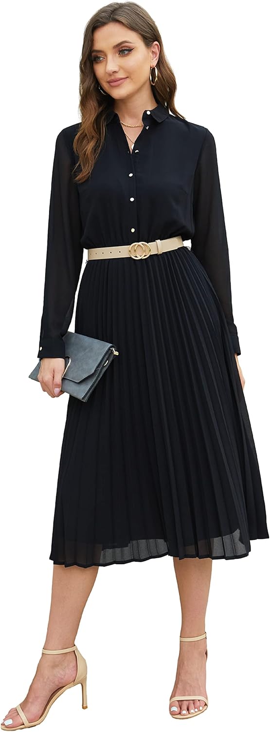 Business Casual Shirt Dress for Women with Pleated Design