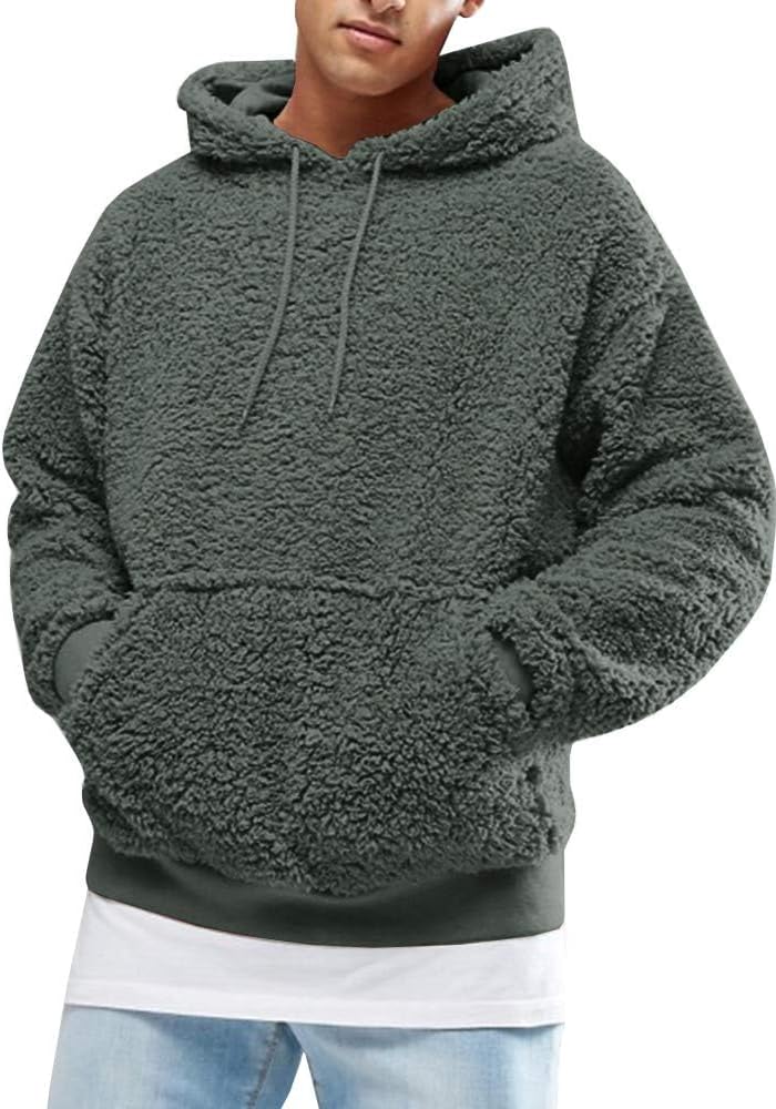Runcati Mens Fuzzy Sherpa Pullover Hoodie for Winter Wear