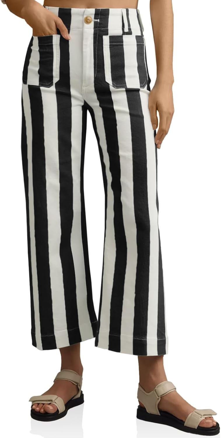 Cropped Striped Jeans for Women - High Waisted Stretchy Denim