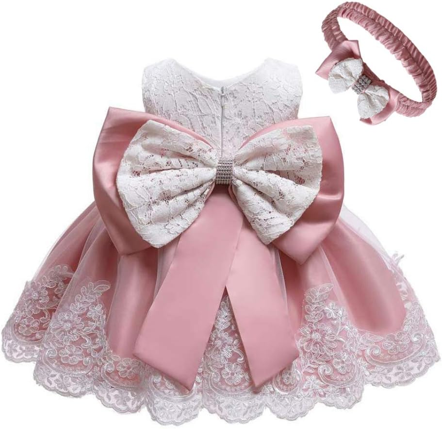 0-6T Baby Girl Party Dress with Lace Embroidery and Headwear