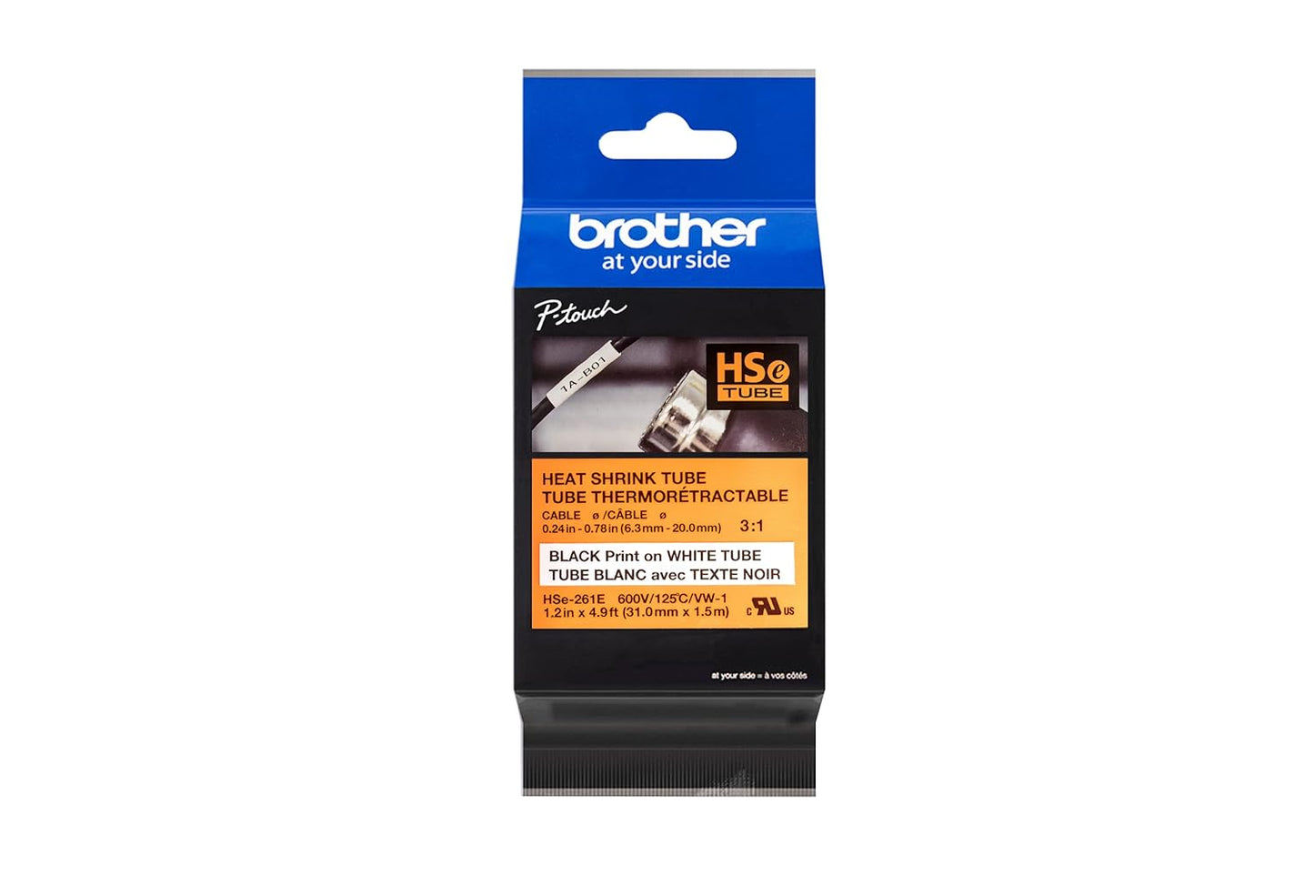 Brother HSe261E 31mm Black on White Heat Shrink Tube for Cables