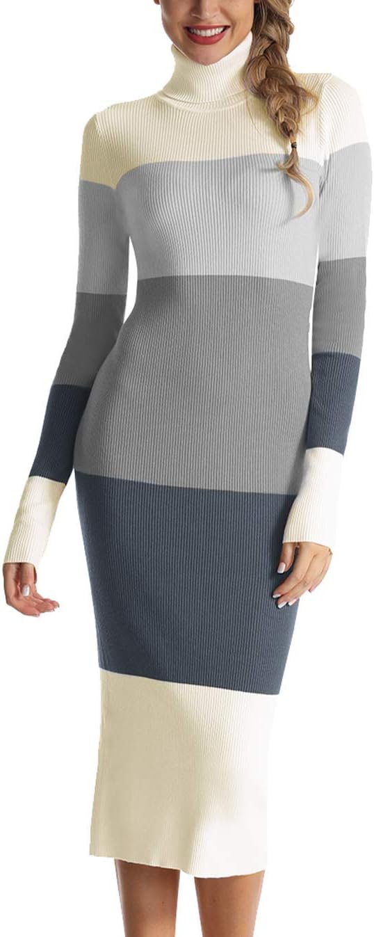 Rocorose Women's Turtleneck Ribbed Elbow Long Sleeve Dress