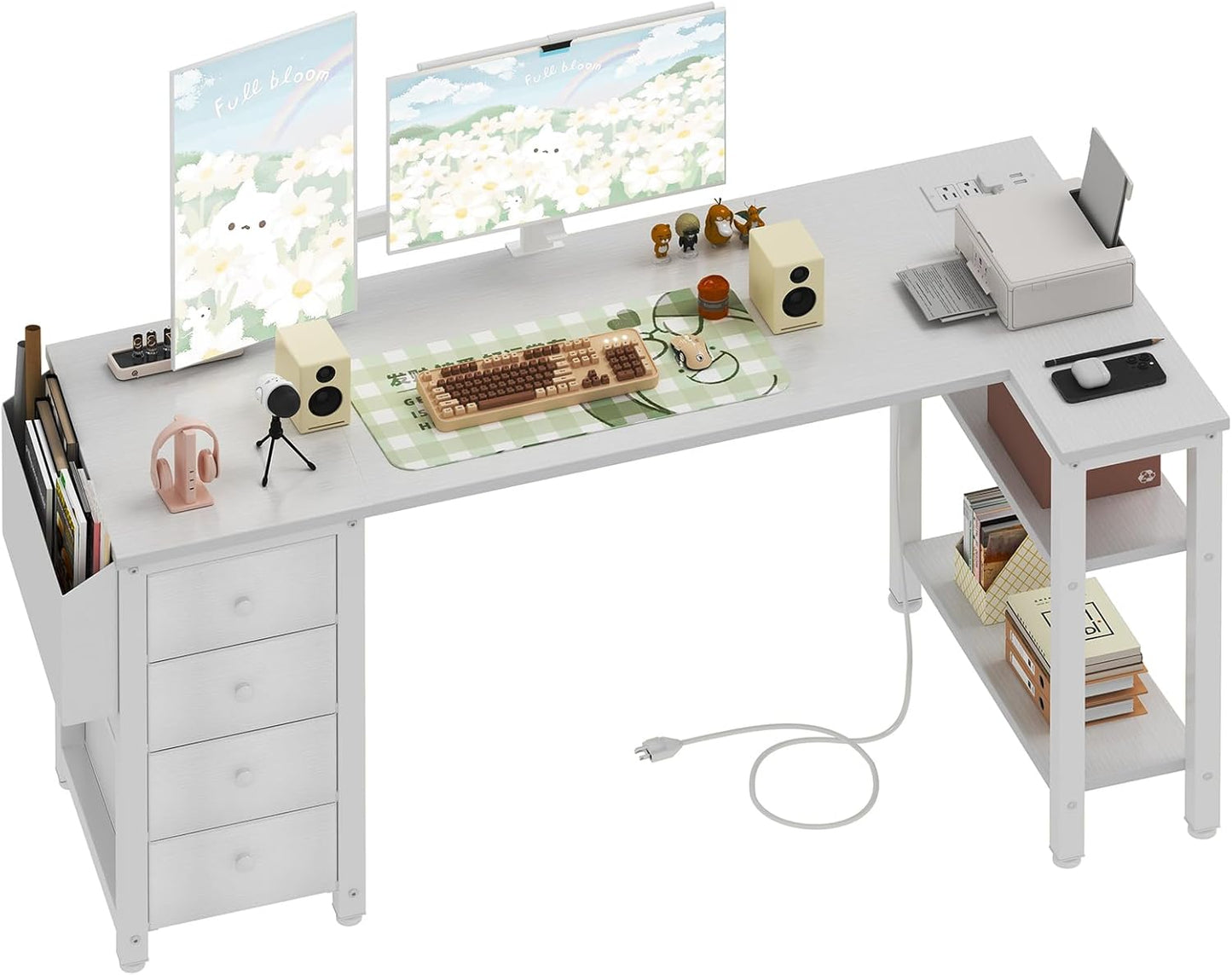 55 Lufeiya White L-Shaped Desk with Power Outlet