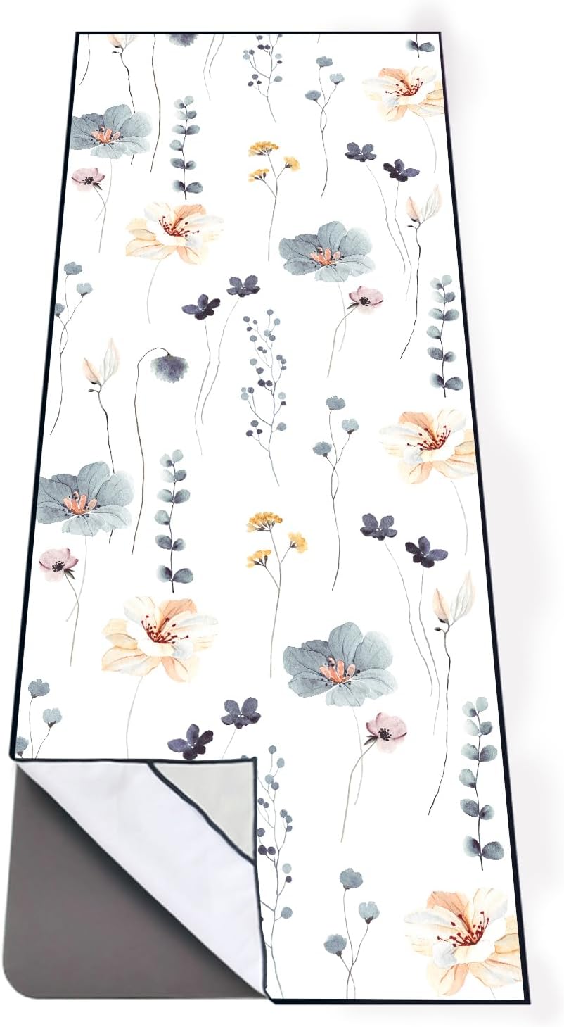 Non Slip Floral Yoga Towel - Sweat Absorbent, Corner Pockets, 70x26