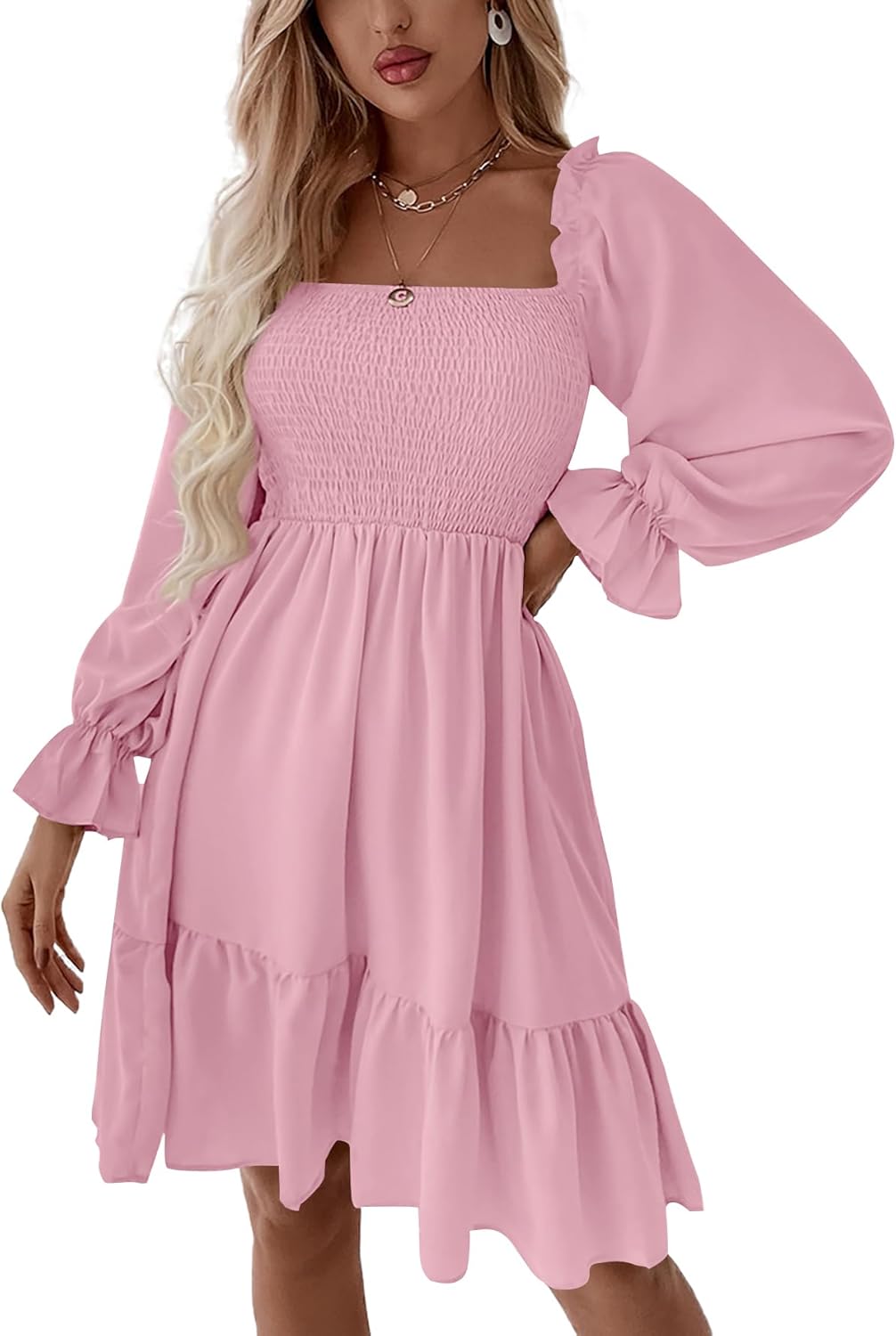 LYANER Women's Square Neck Lantern Long Sleeve Ruffle Dress