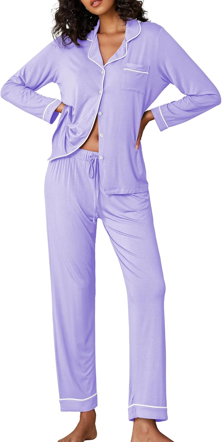 Ekouaer Pajamas Women's Long Sleeve Sleepwear Soft Button Down Set
