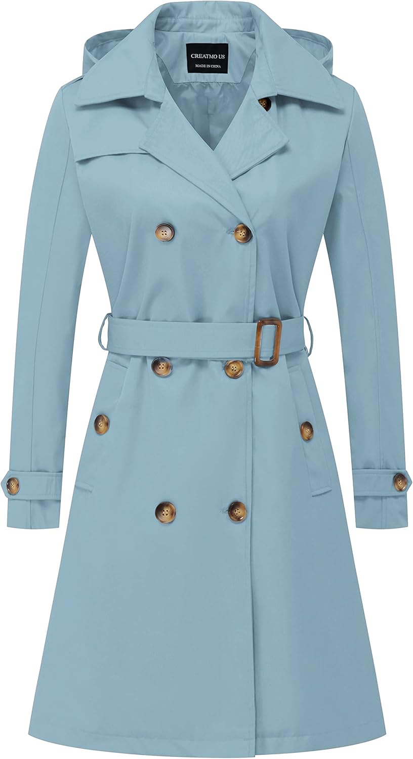 CREATMO US Women's Long Trench Coat with Detachable Hood