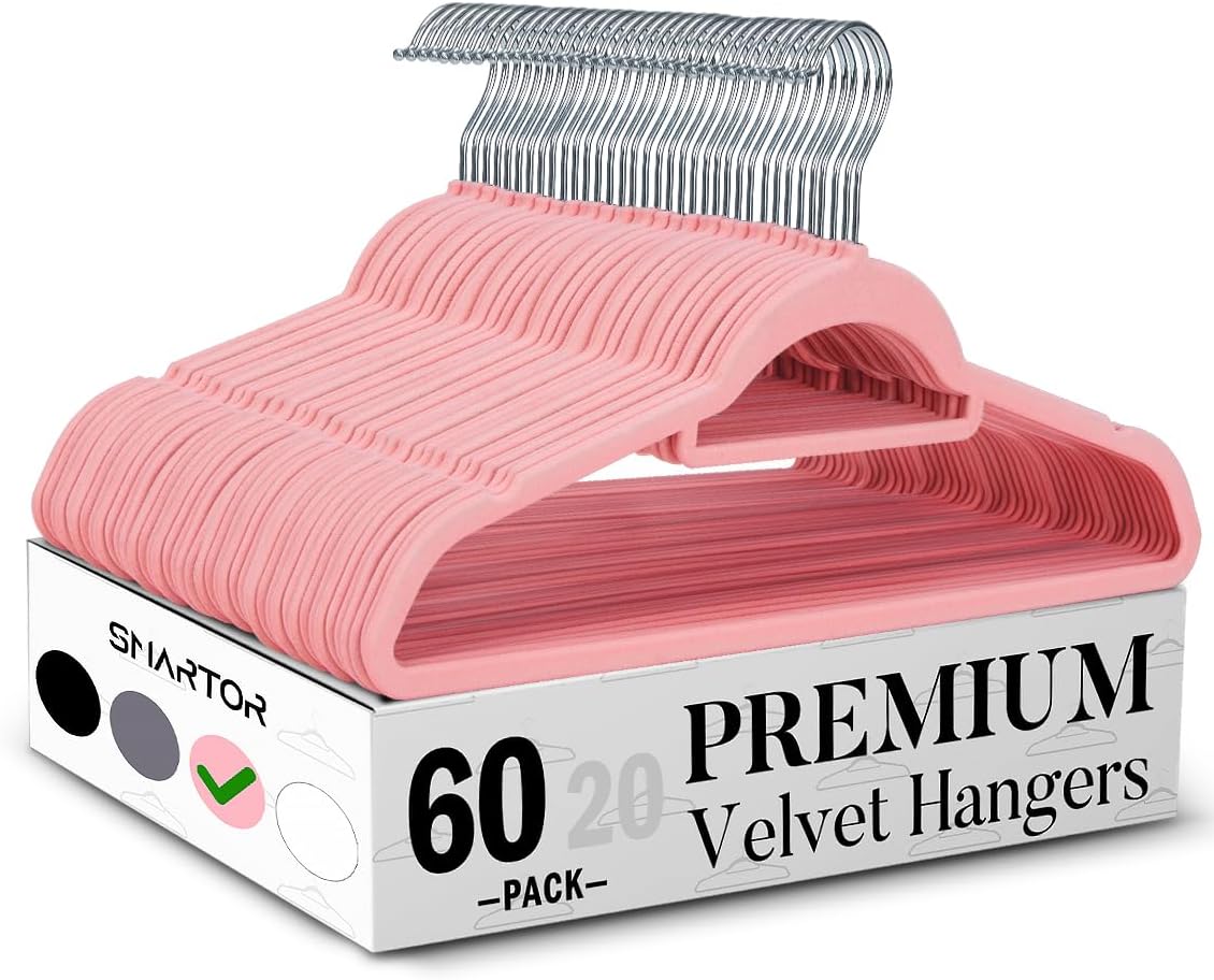 Smartor Pink Velvet Hangers 60 Pack for Space Saving Closets