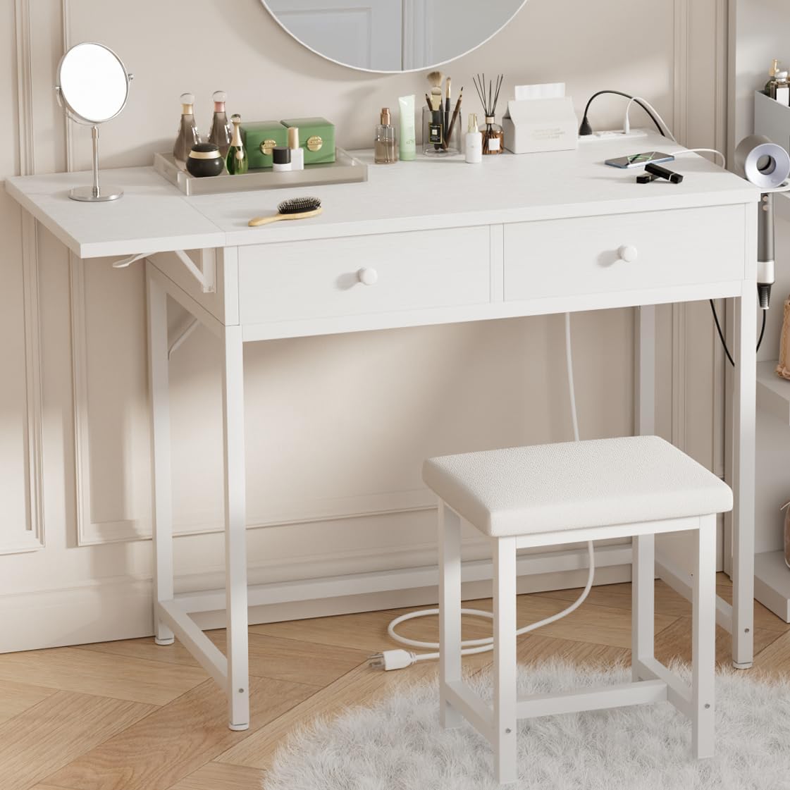 Modern White Makeup Vanity Set with Foldable Countertop
