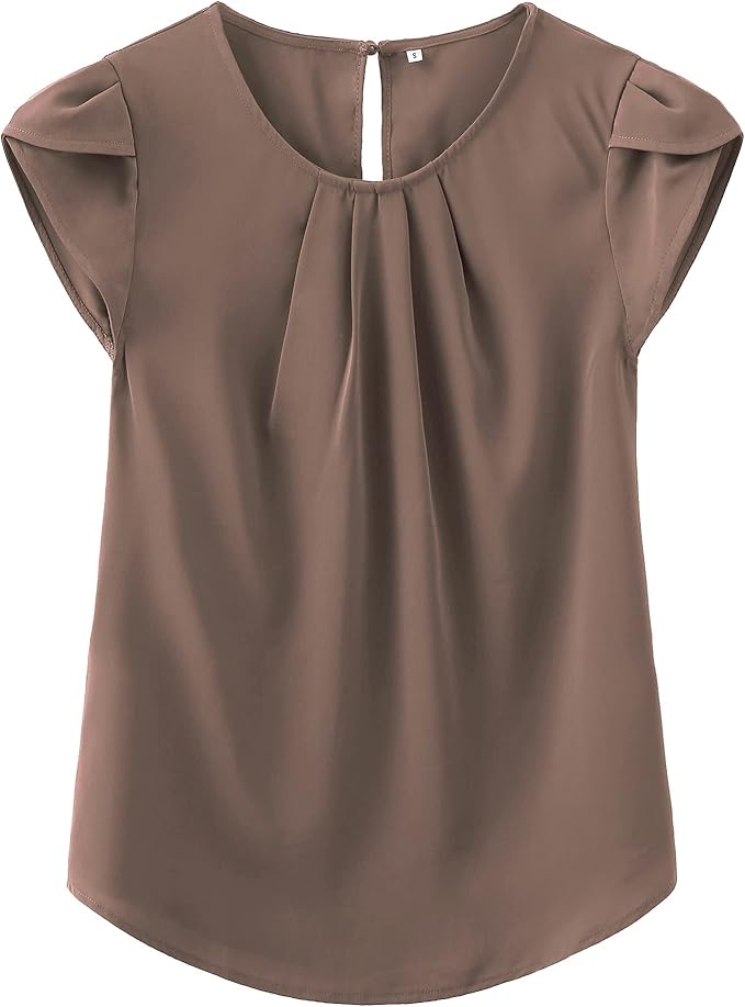 TASAMO Women's Casual Round Neck Pleated Top with Cap Sleeves