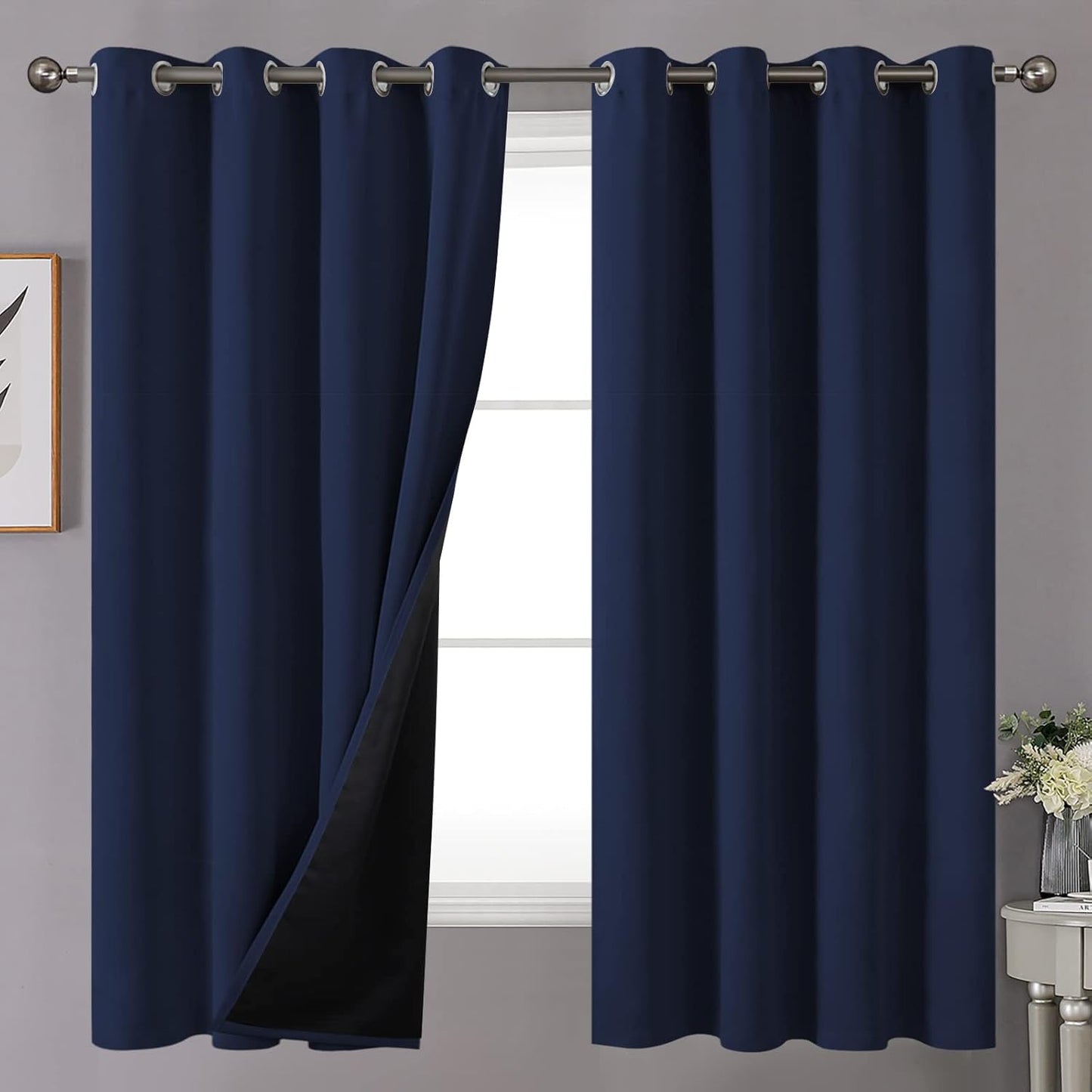 YoungsTex Navy Blue 100% Blackout Curtains for Bedroom 52 X 63
