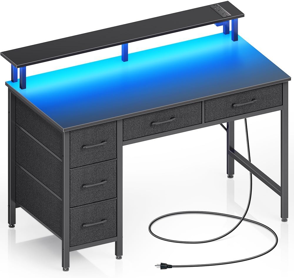 Seventable Computer Desk with Power Outlets & LED Light Features