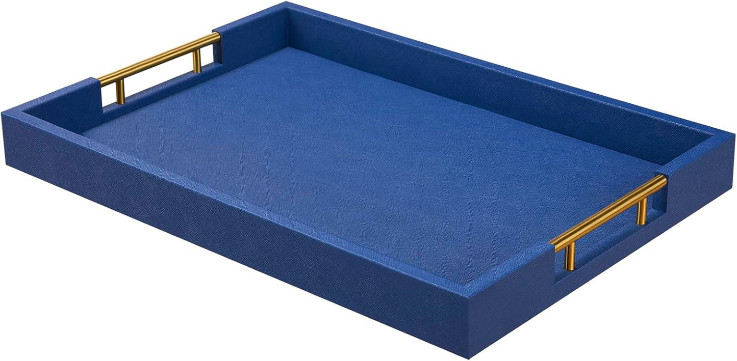 14x20 Inches Blue Faux Leather Wrapped Wood Serving Tray