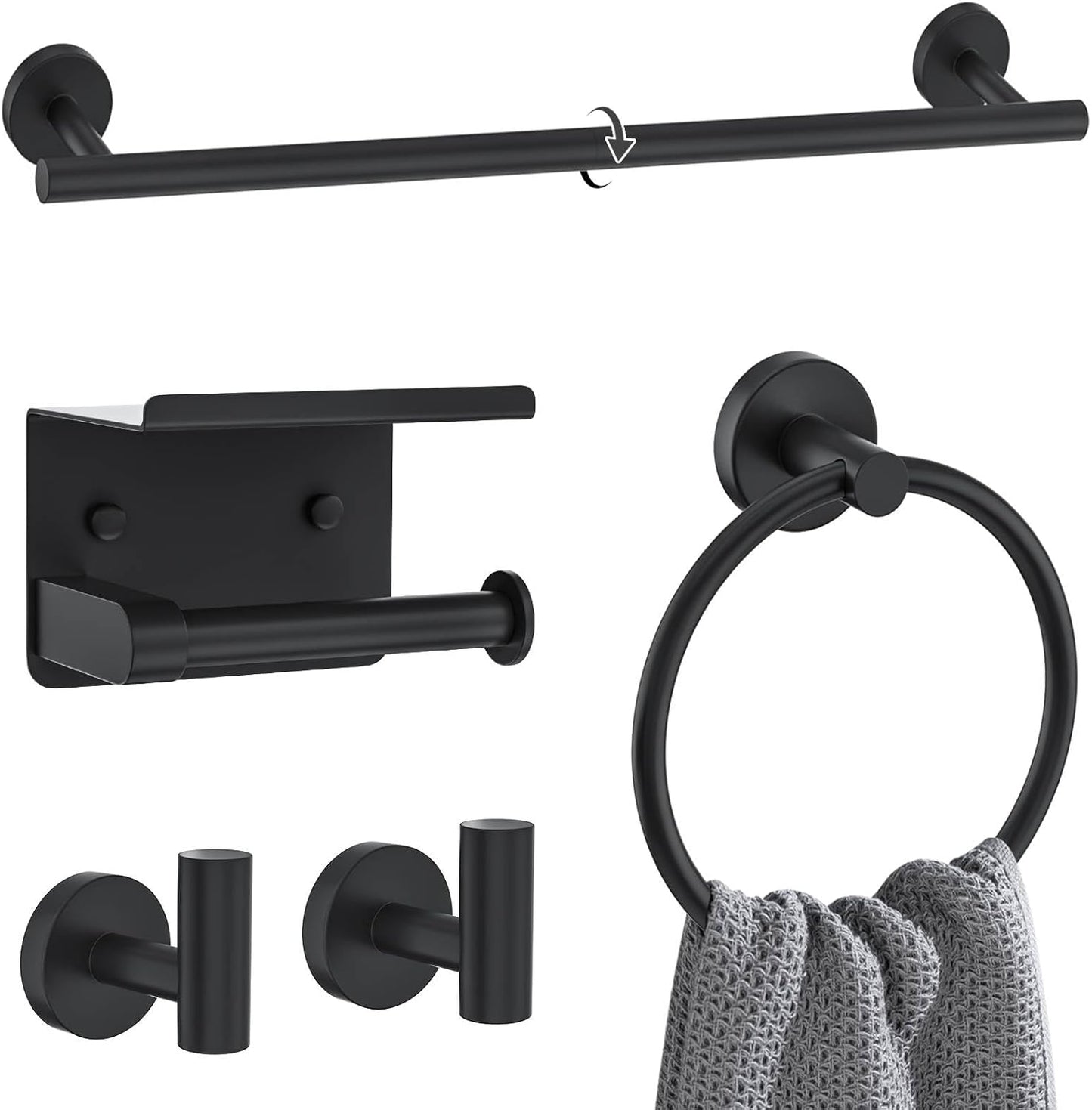 Matte Black Towel Bar Set - 5 Piece Bathroom Hardware Set