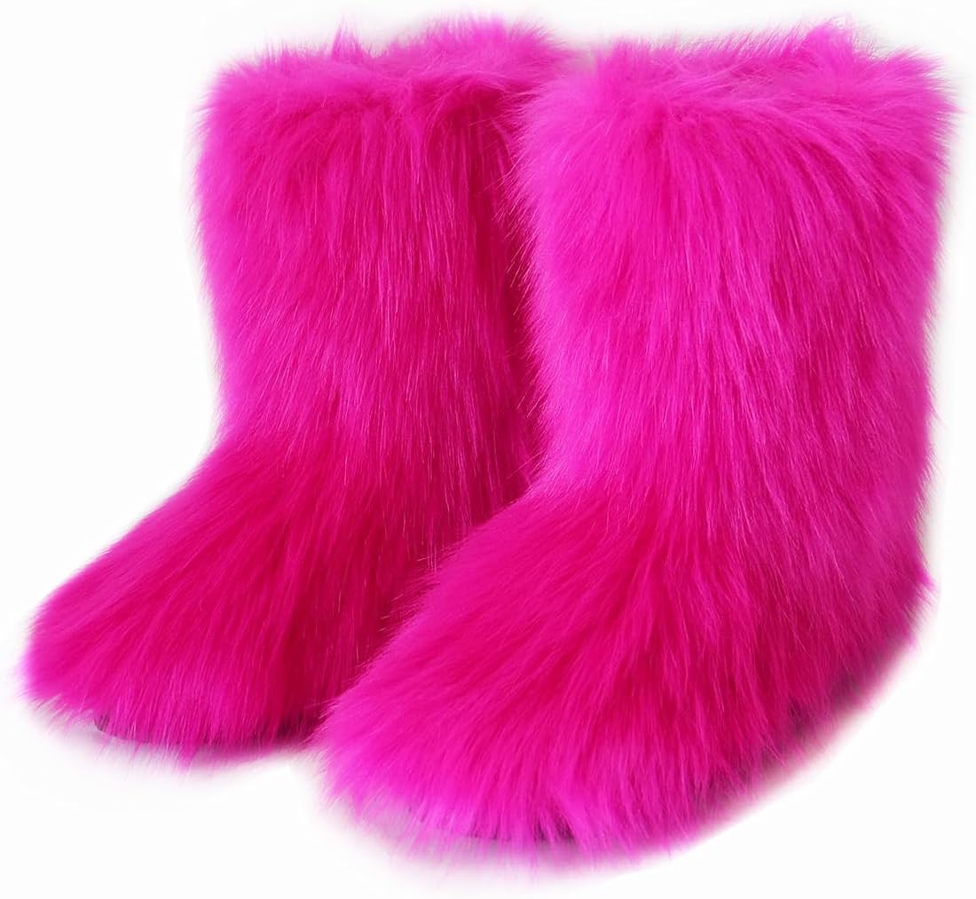 Furry Faux Fur Boots for Women - Stylish Mid Calf Snow Boots