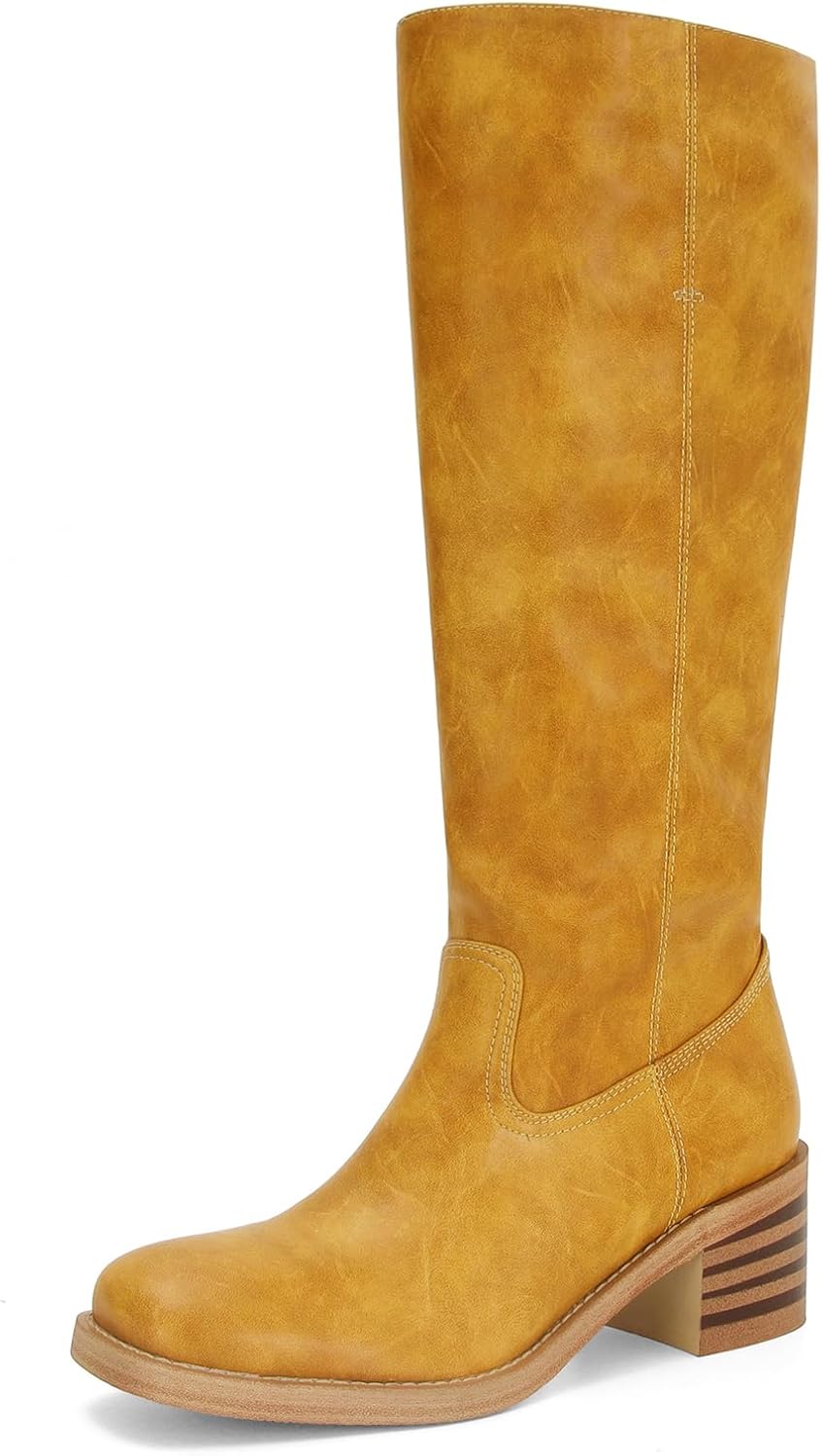 Womens Banana Knee High Boots Comfortable Campus Block Heel