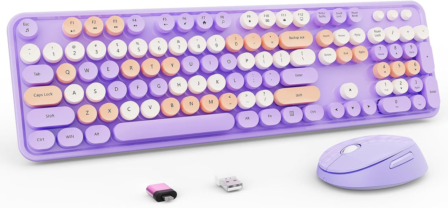 Retro Typewriter Wireless Combo, Ergonomic & Stylish, Purple - Ideal for PC & Office