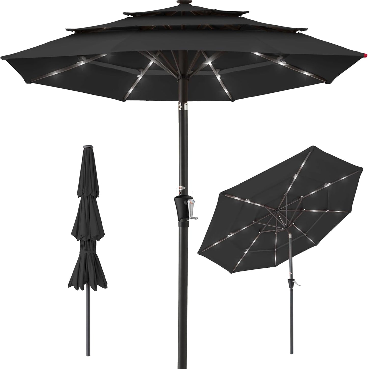 10ft 3-Tier Solar Patio Umbrella with LED Lights for Shade
