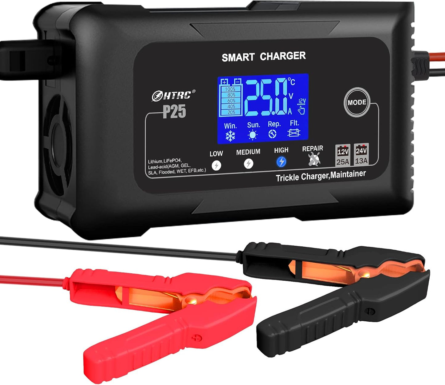 HTRC Smart Battery Charger - 25A Fast Charging for Cars, Motorcycles, Boats