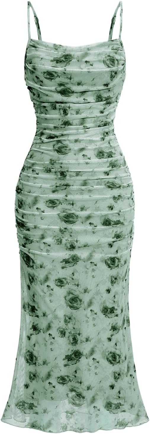 GORGLITTER Women's Floral Ruched Bodycon Midi Dress for All Occasions