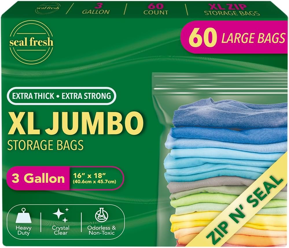 Seal Fresh 3 Gallon Large Plastic Storage Bags for Organizing