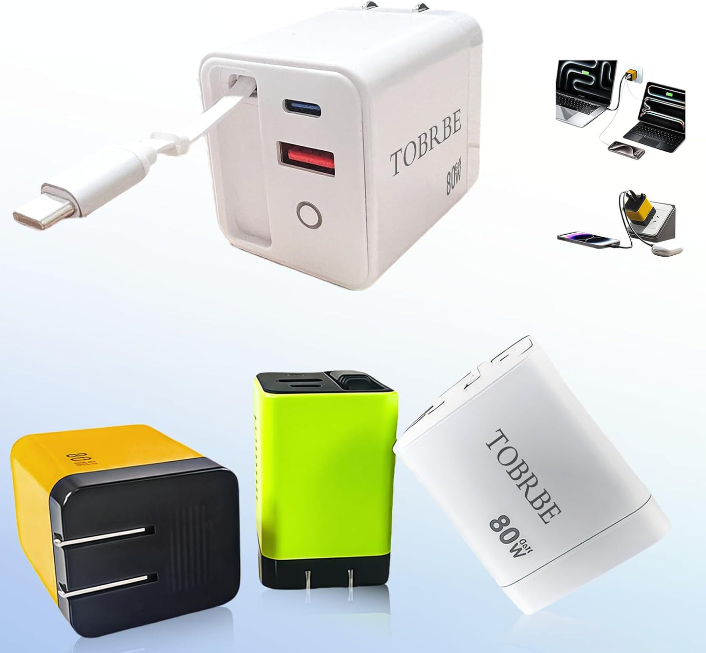 Tobre 3 in 1 GaN Charger with Retractable Cable for Fast Charging