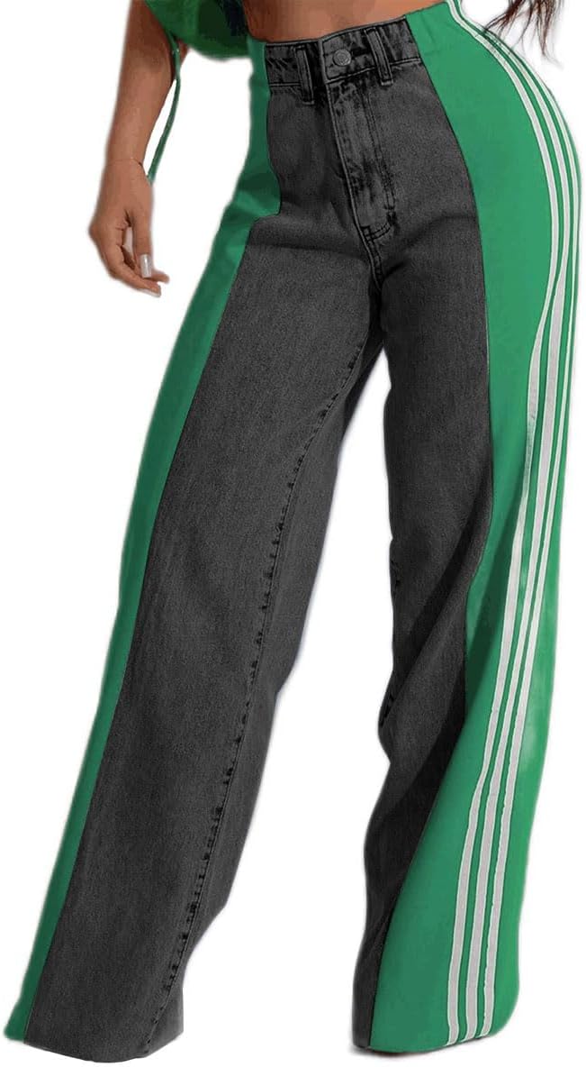High Waisted Wide Leg Patchwork Stripes Stretchy Jeans for Women
