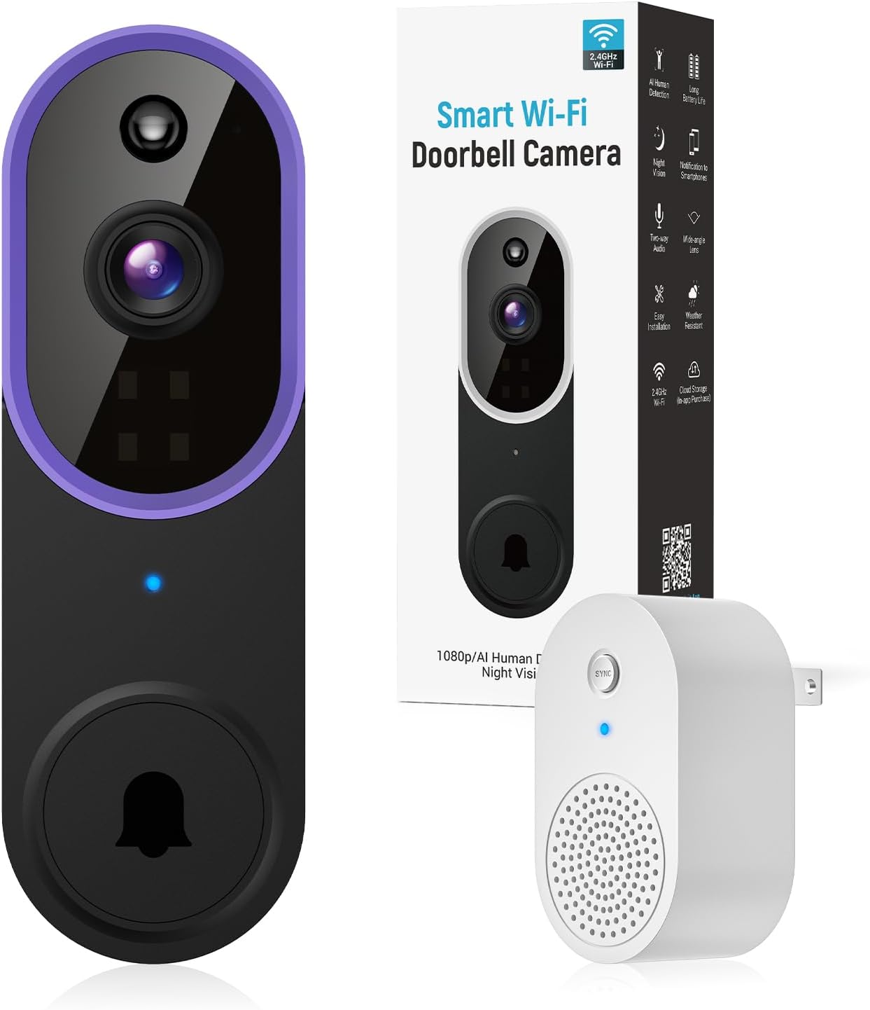 1080p Wireless Doorbell Camera: AI Detection, FHD View, Night Vision, Cloud Storage - Purple