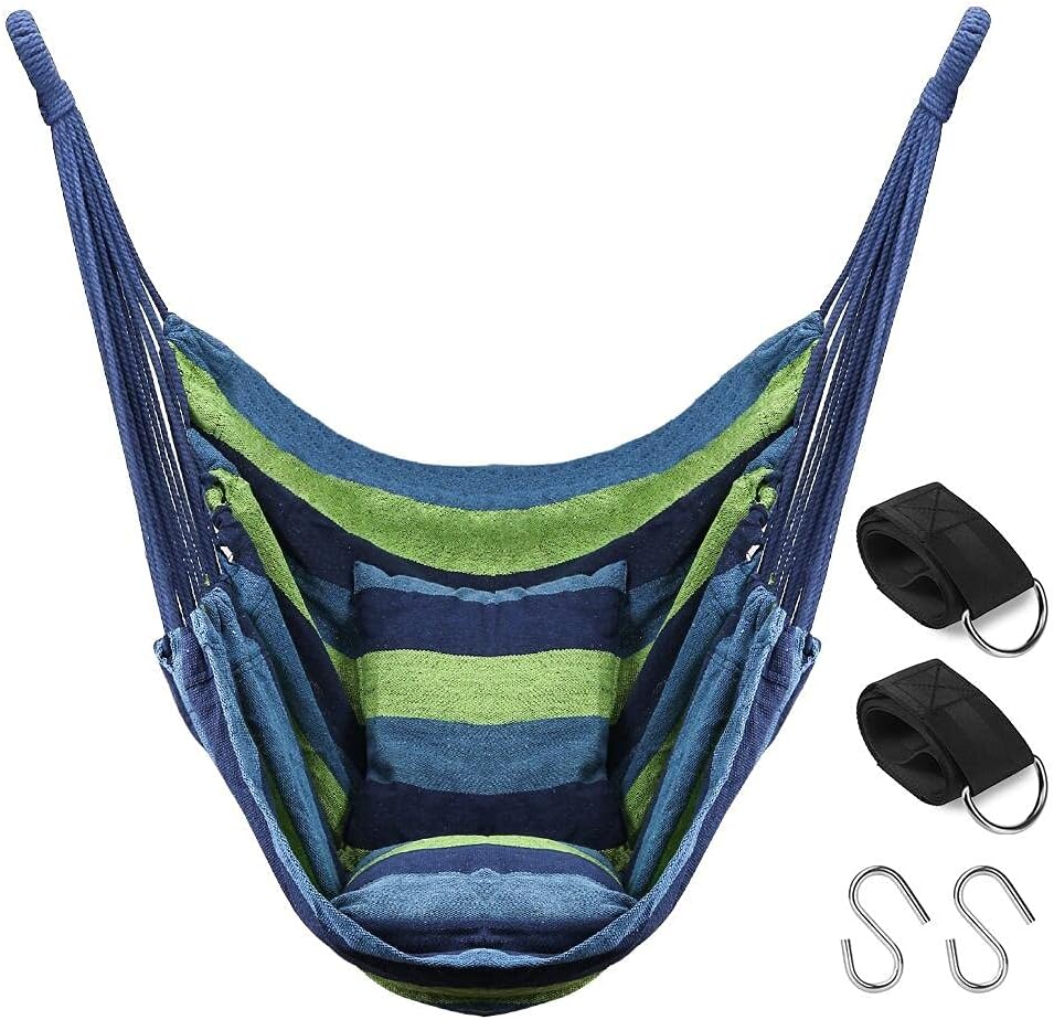 Relax in Style: QF Hammock Chair Swing - 2 Cushions, Cotton Seat, 330lbs Capacity (Blue)