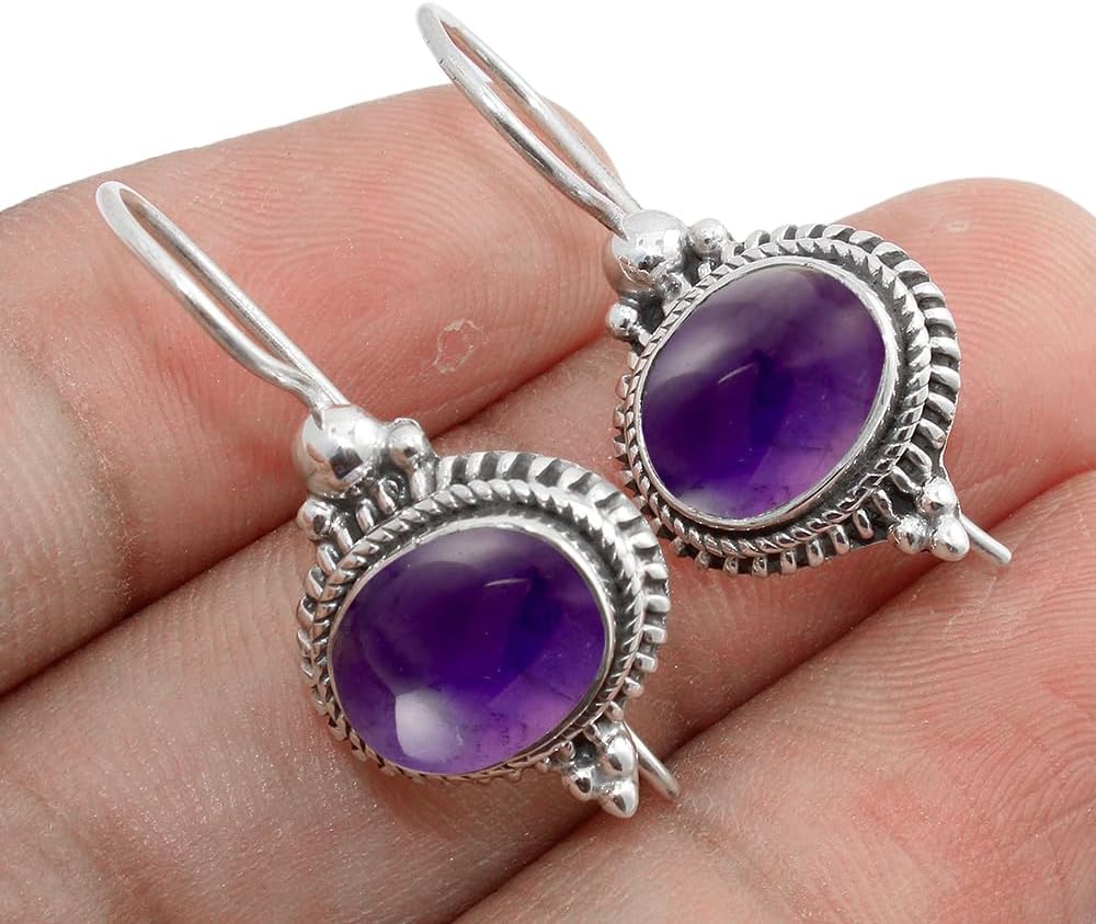 Solid 925 Sterling Silver Dangle Earrings with Amethyst Gemstone