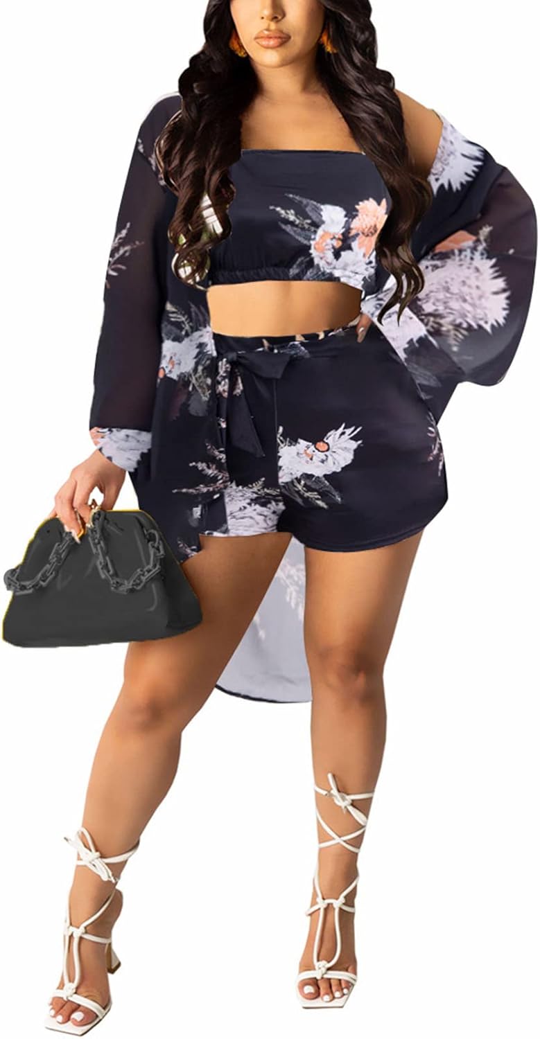 KEYUFANG Women 3 Piece Summer Floral Kimono Cardigan Set