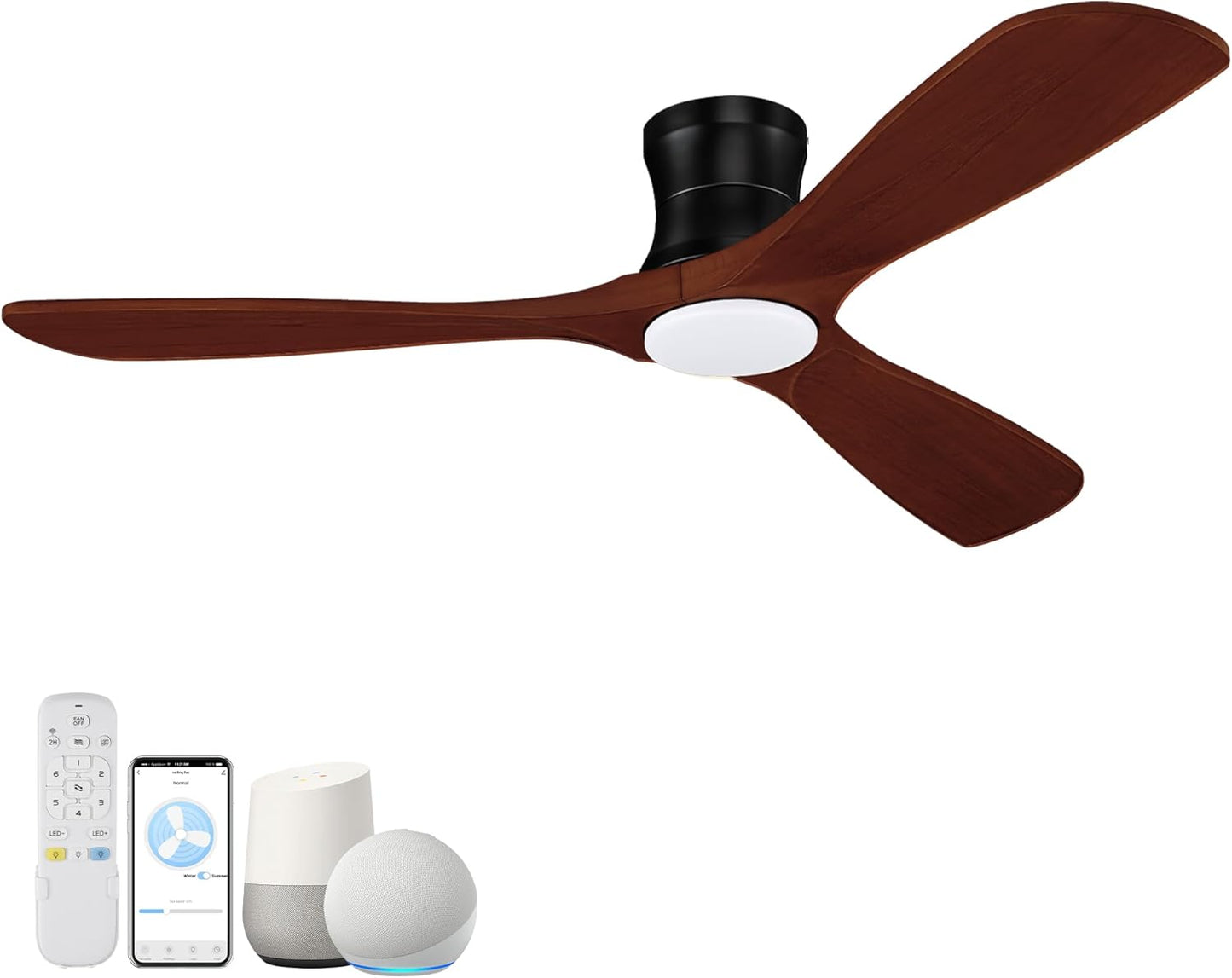 52 Smart Wood Flush Mount Ceiling Fan with Lights and Remote