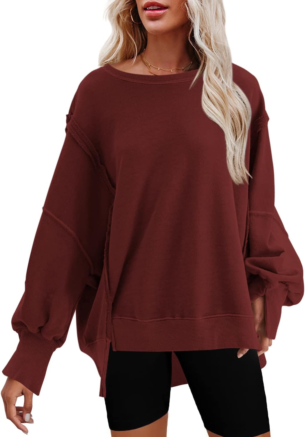 Nirovien Womens Oversized Crewneck Sweatshirt with Side Slits