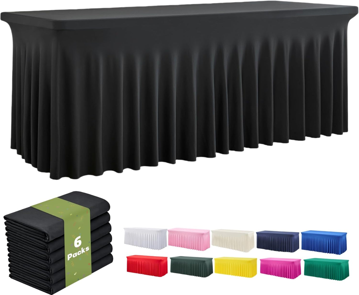 Elegant 6 Pack Black Spandex Tablecloths for 8 Foot Tables