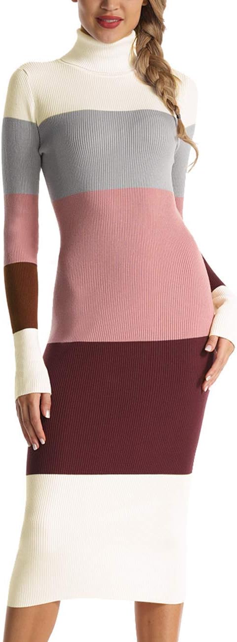 Rocorose Women's Turtleneck Ribbed Elbow Long Sleeve Dress