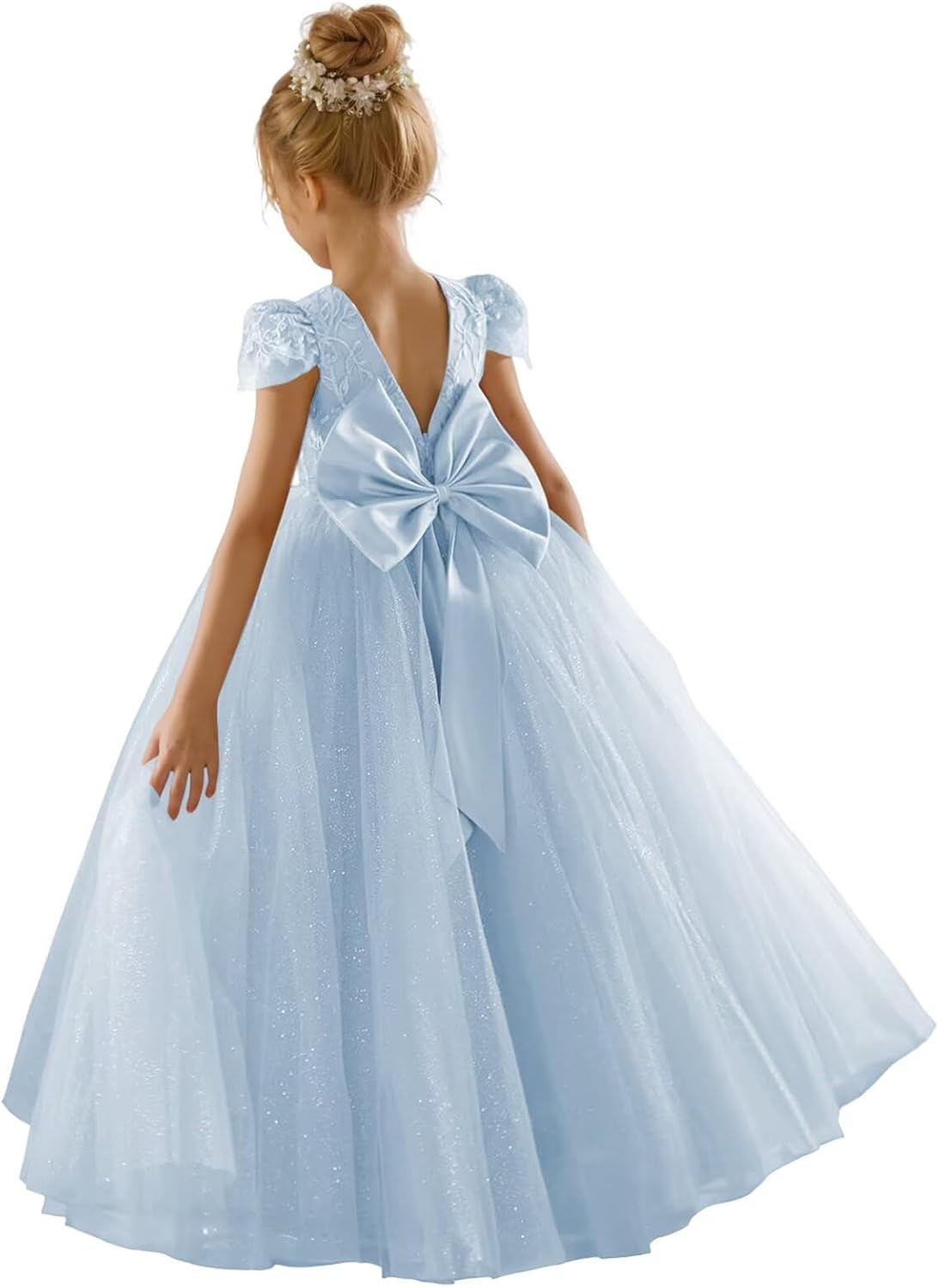 JISISANG Flower Girls Lace Cap Sleeve Dress for Weddings