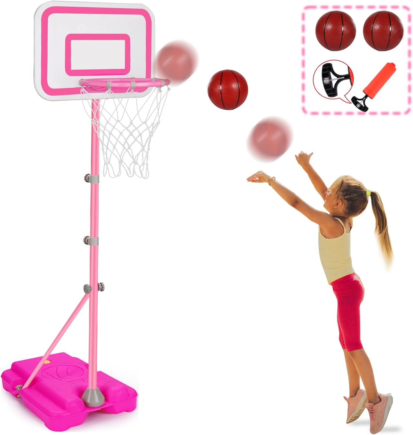 Pink Adjustable Basketball Hoop for Girls, Portable Fun!